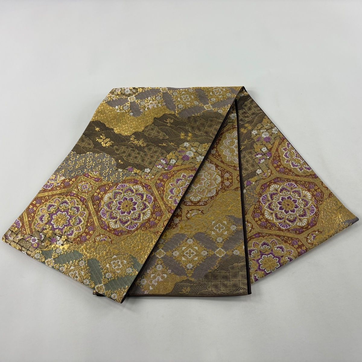 美品】 袋帯 逸品 じゅらく 落款 帝王紫 道長取 蜀江華文 箔 金糸 焦 美品】 袋帯 逸品 じゅらく 落款 帝王紫 道長取 蜀江華文 箔 金糸 焦