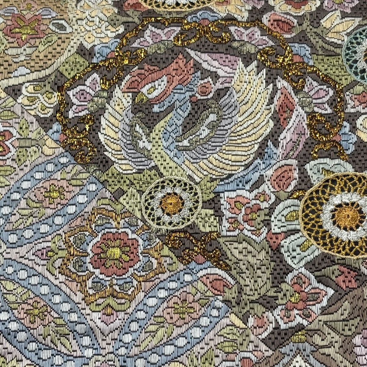 美品】 袋帯 逸品 華文 花鳥 絽刺し 金銀糸 灰茶 全通 正絹 【中古