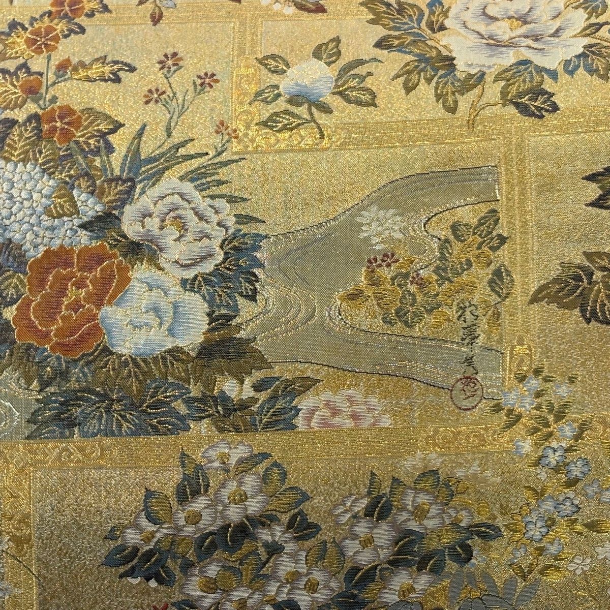 丸帯 琳派大全集 草花 流水 金銀糸 箔 金色 お太鼓柄 正絹