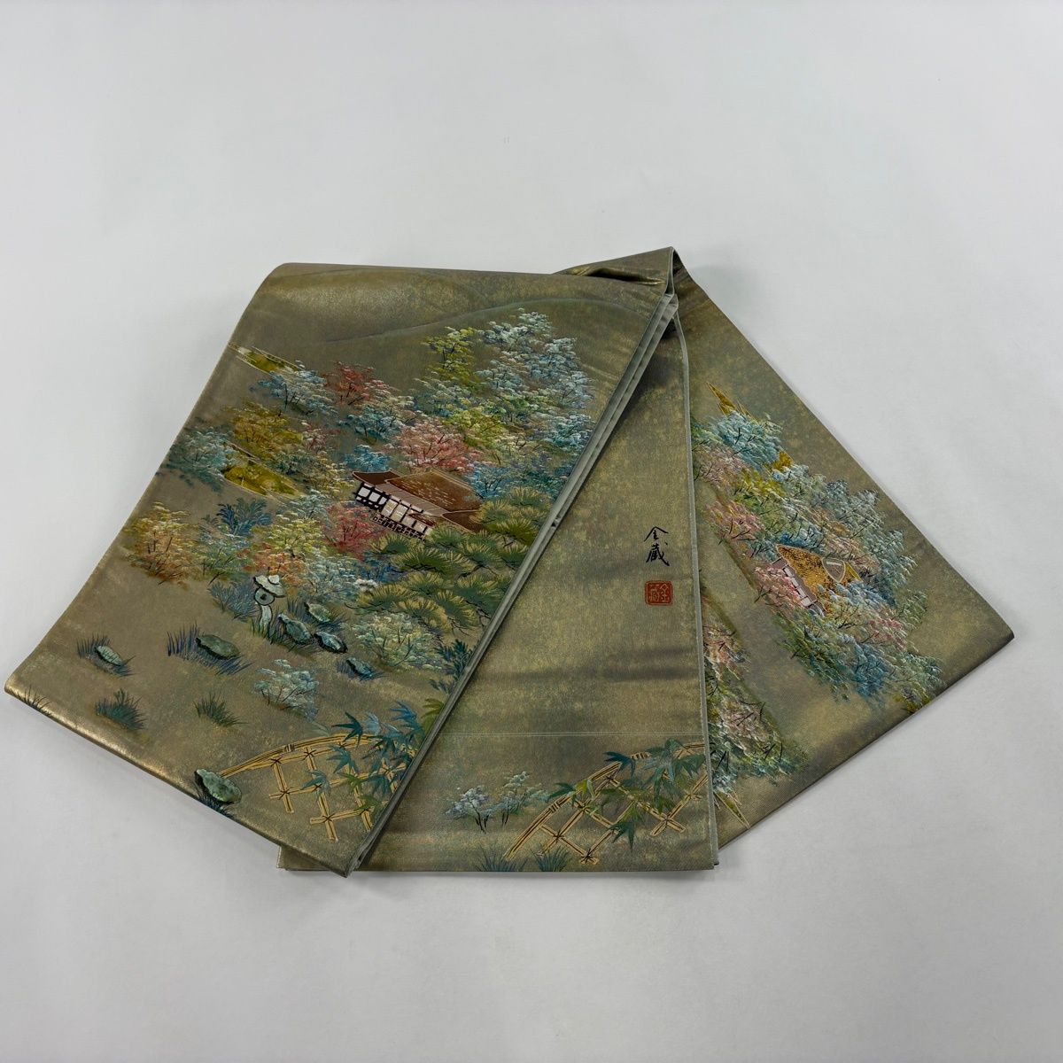 袋帯 秀品 落款 枯山水 建物 螺鈿 金彩 緑 お太鼓柄 正絹 【中古