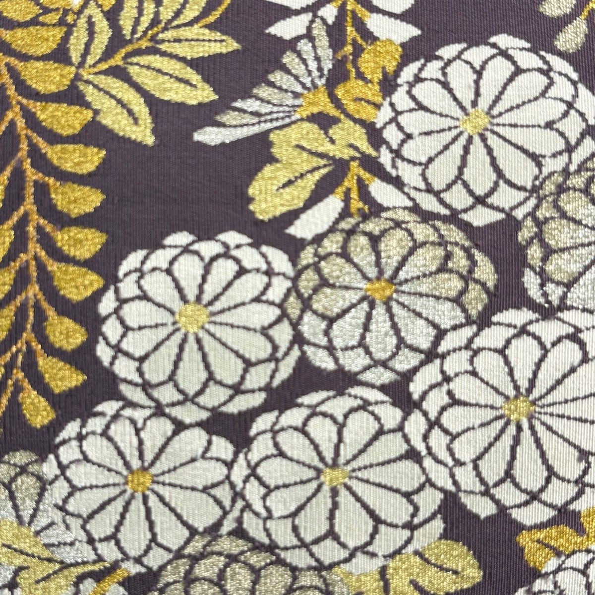 美品】名古屋帯 秀品 八寸名古屋帯 松葉仕立て 菊 藤 金銀糸 紫 正絹