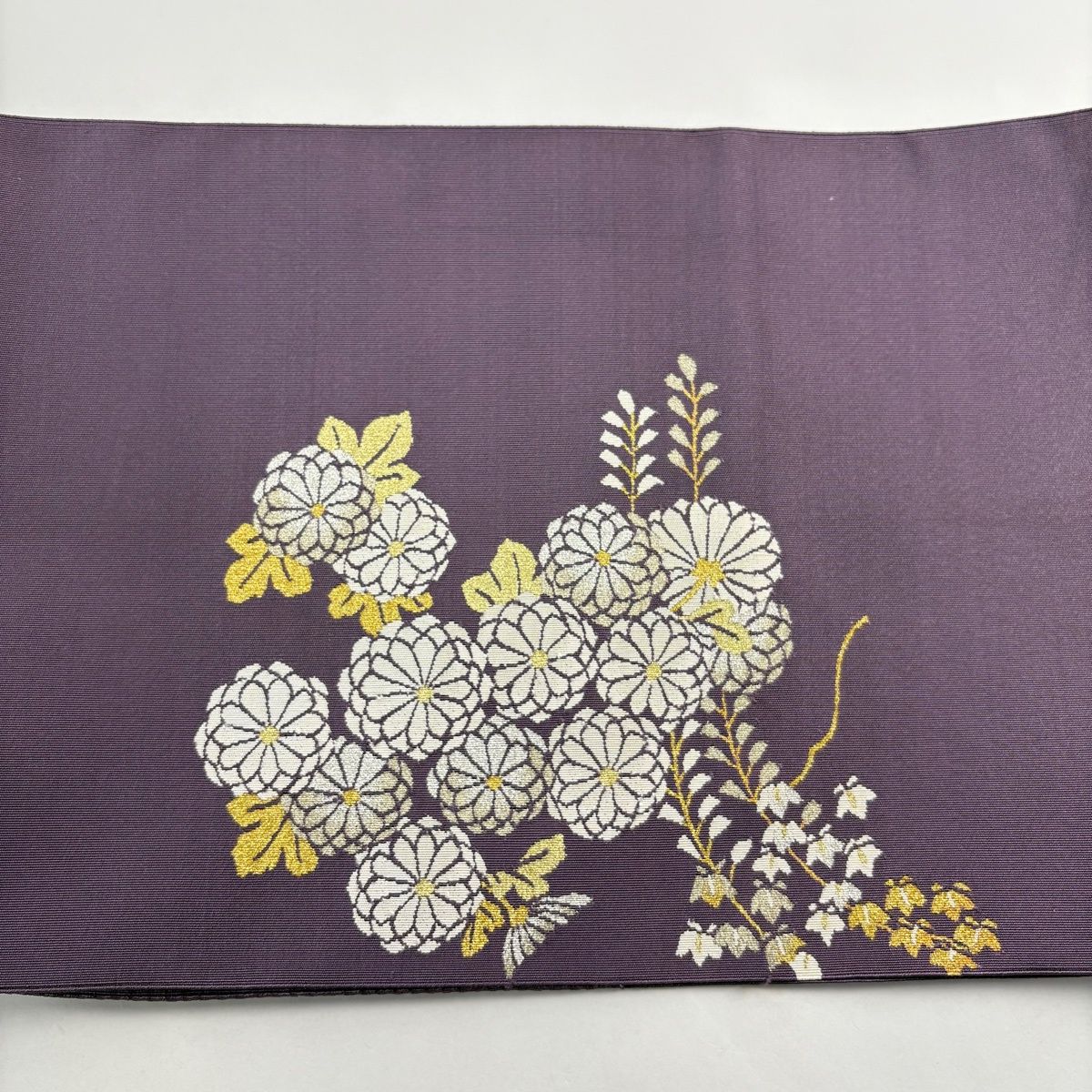 美品】名古屋帯 秀品 八寸名古屋帯 松葉仕立て 菊 藤 金銀糸 紫 正絹
