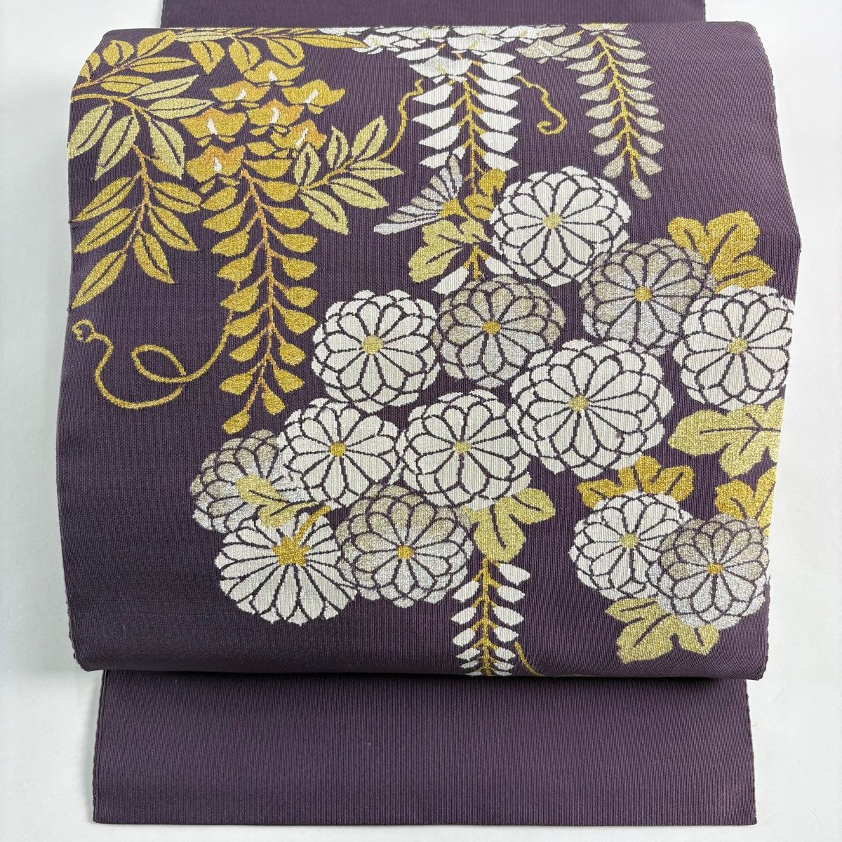 美品】名古屋帯 秀品 八寸名古屋帯 松葉仕立て 菊 藤 金銀糸 紫 正絹