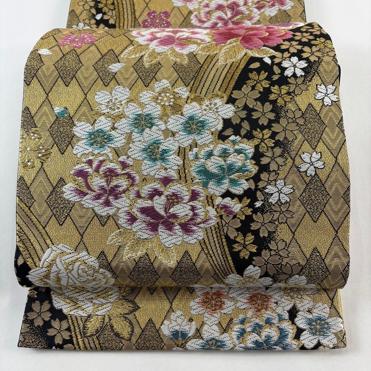 【美品】 袋帯 秀品 草花 菱 金糸 箔 金色 六通 正絹 【】