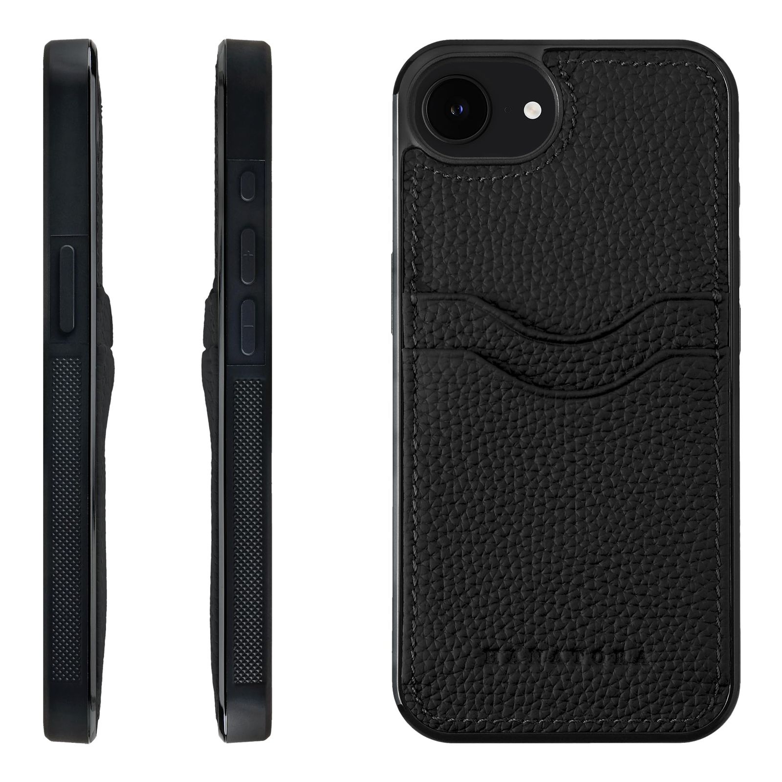 for iPhone 16 e ケース 本革 耐衝撃 バンパー型 スマホケース スマホ ストラップ 付き シュリンクレザー ギフト ブラック CPGGZ Black