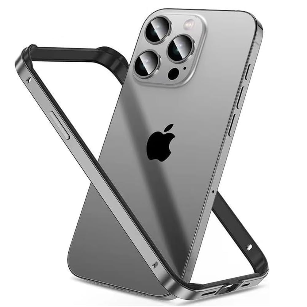 OURJOY iPhone 15 Pro 用 バンパー アイフォン 15プロ アルミ ストラップホール付き シリコン 二重構造 レンズ保護 耐衝撃 軽量 サイドバンパー フレーム 携帯ケース グレー