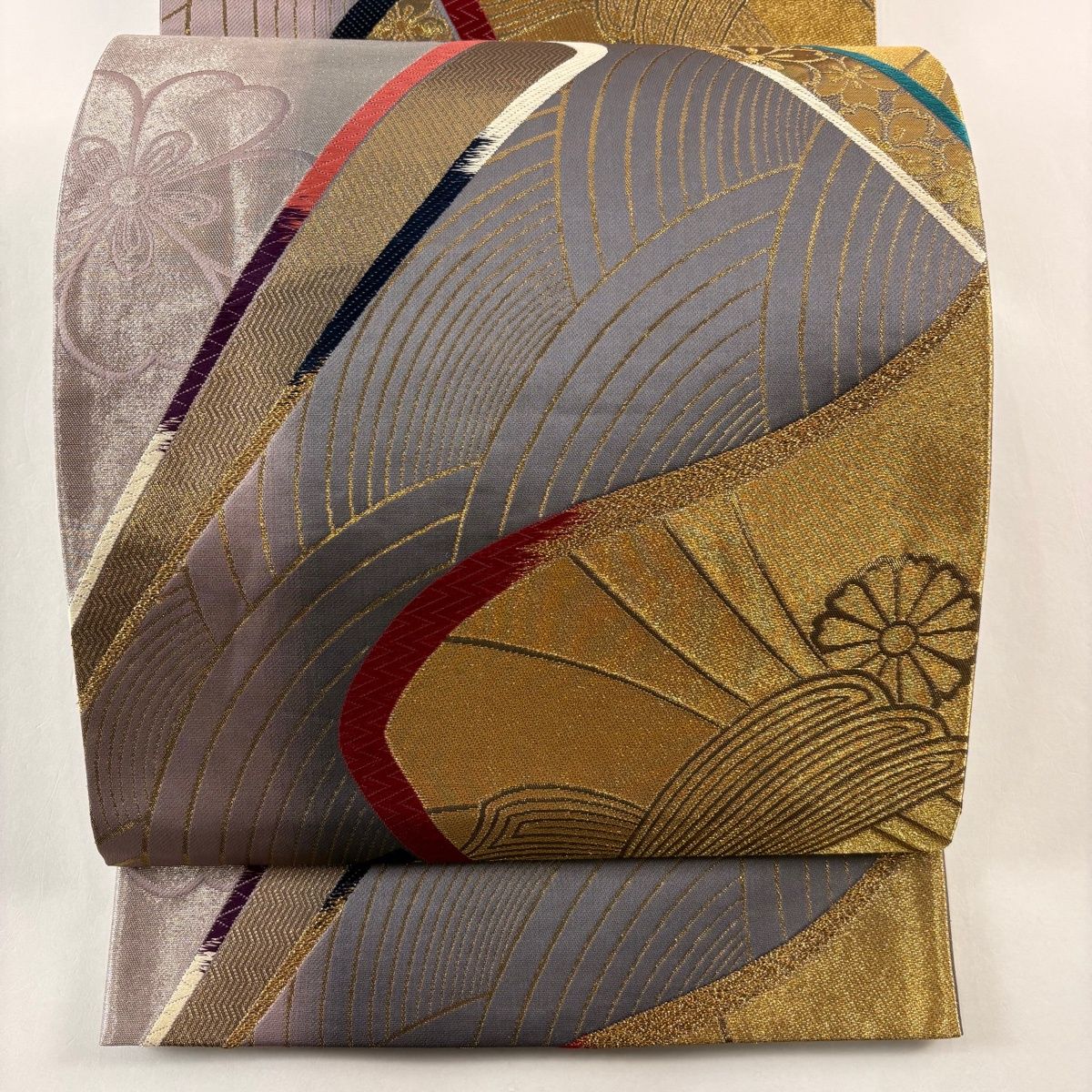 袋帯 秀品 振袖向き 桜 束ね熨斗 箔 金糸 灰色 六通 正絹 【中古