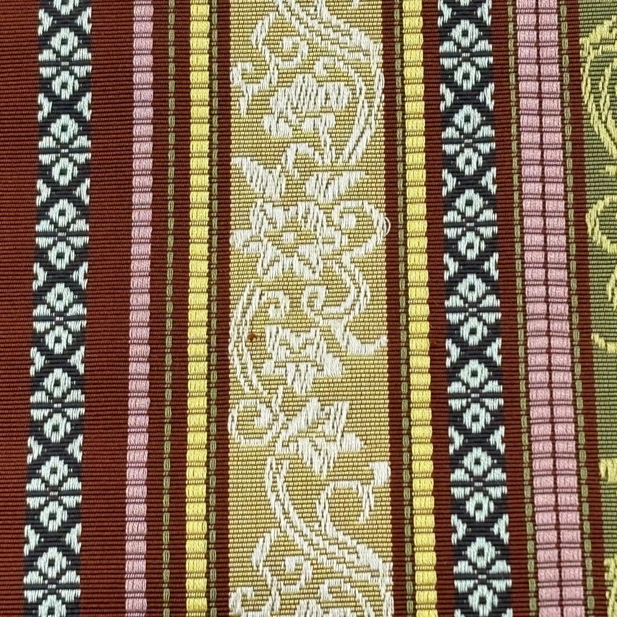 半幅帯 秀品 証紙 博多織 縞 草花 黄土色 正絹