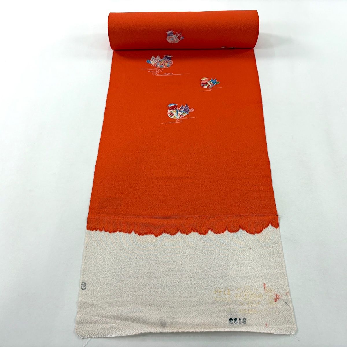 反物 秀品 小紋 鴛鴦 流水 オレンジ 正絹