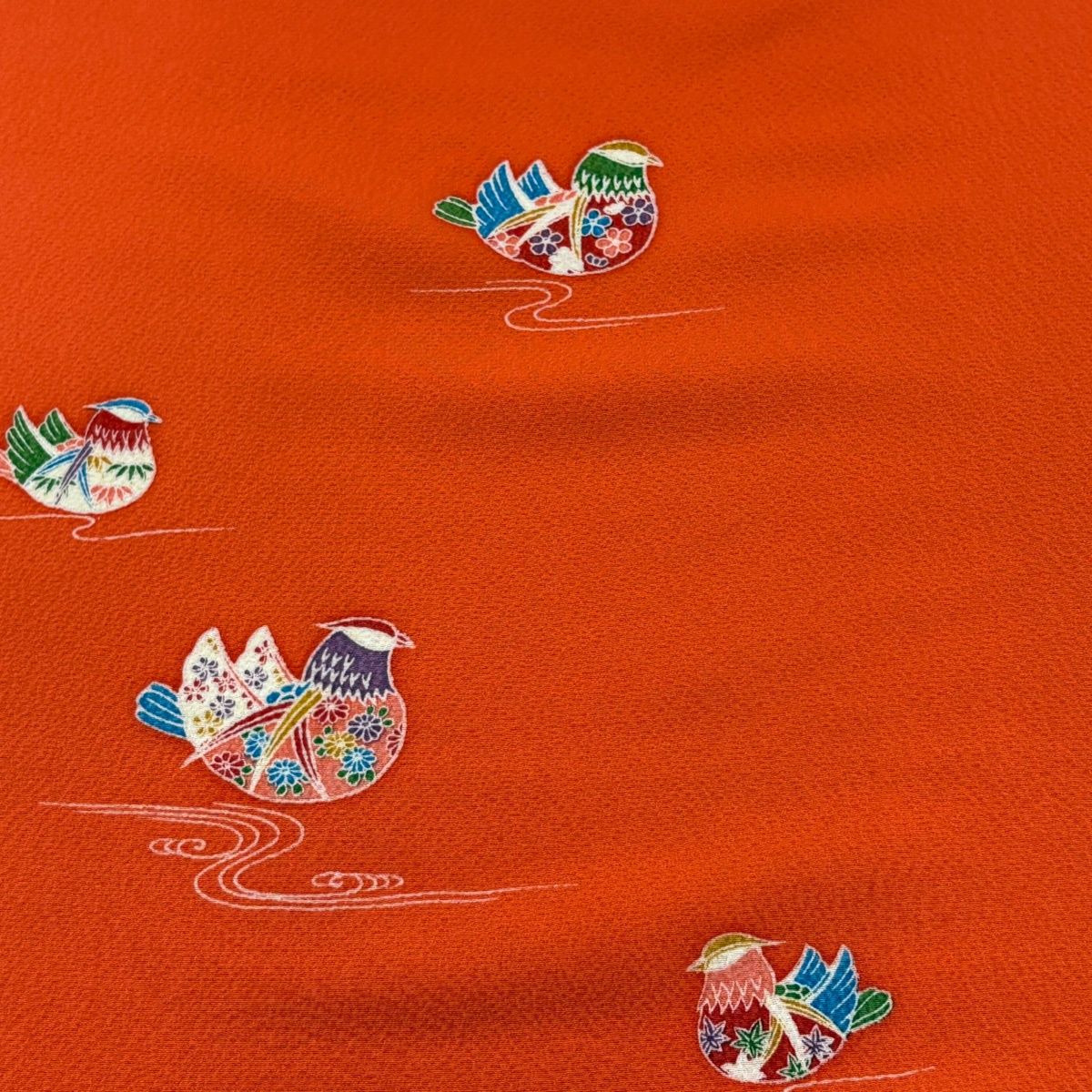 反物 秀品 小紋 鴛鴦 流水 オレンジ 正絹