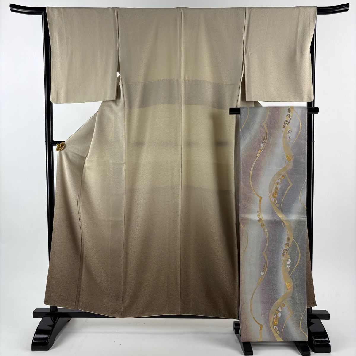 美品】 付下げ 身丈158.5cm 裄丈66cm M 袷 袋帯セット 落款 幾何学模様