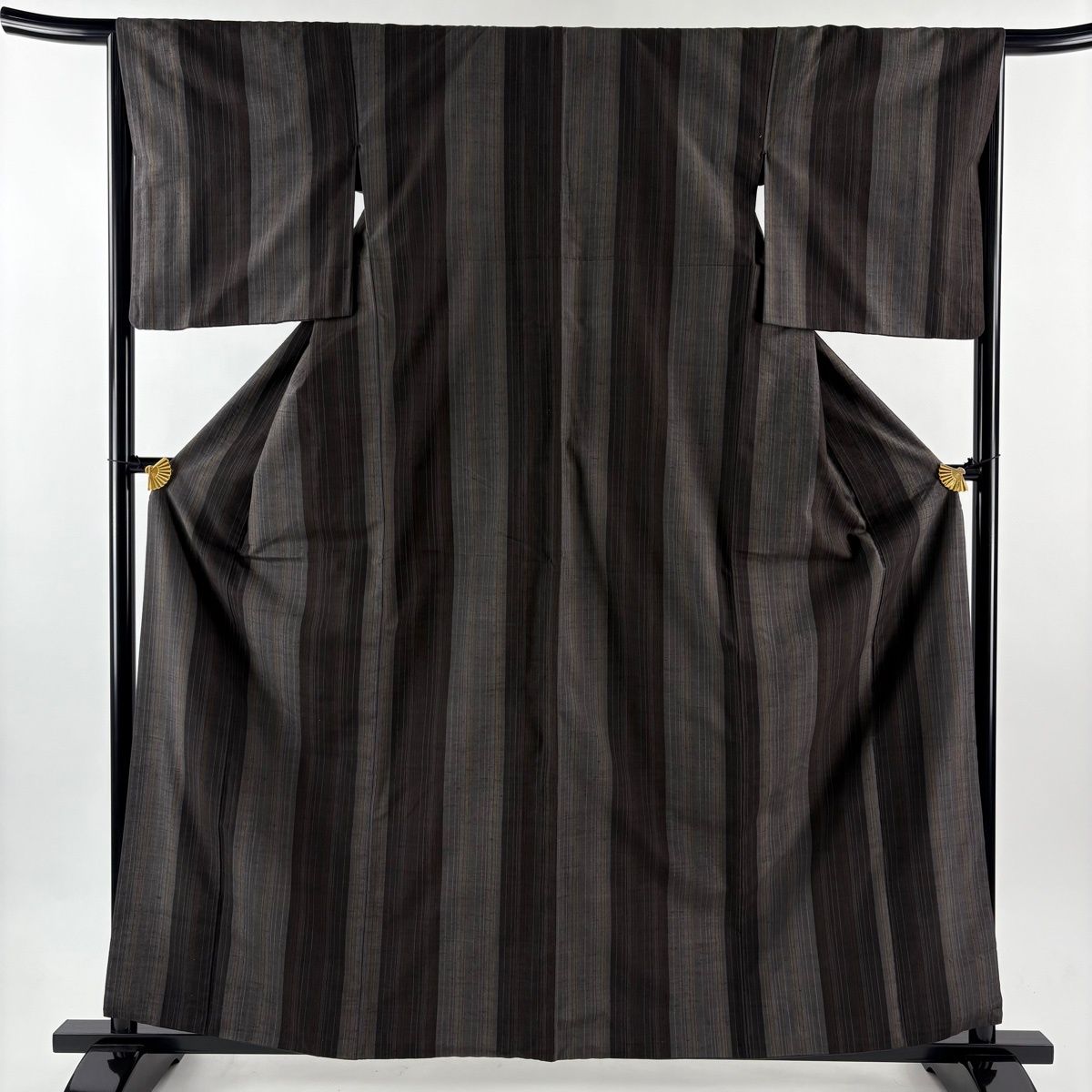 美品】 紬 身丈161cm 裄丈66.5cm M 袷 名古屋帯セット 縦縞模様 焦茶色