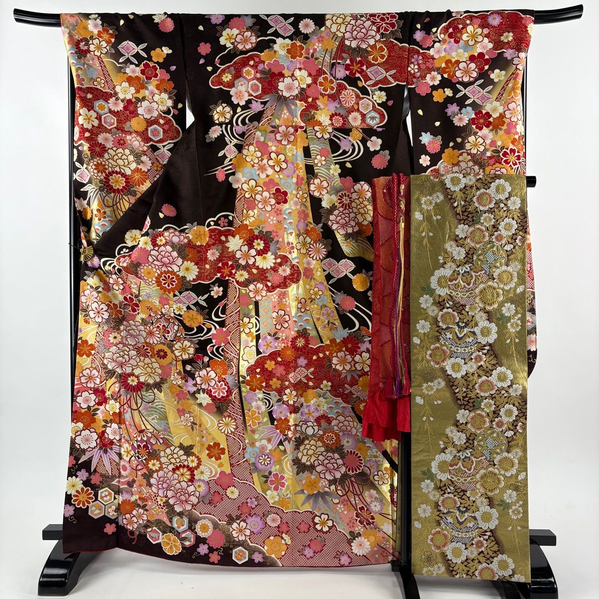振袖 身丈166.5 cm 裄丈70 L 袷 袋帯フルセット 花束 手鞠 金彩 箔 焦茶色 正絹 名品