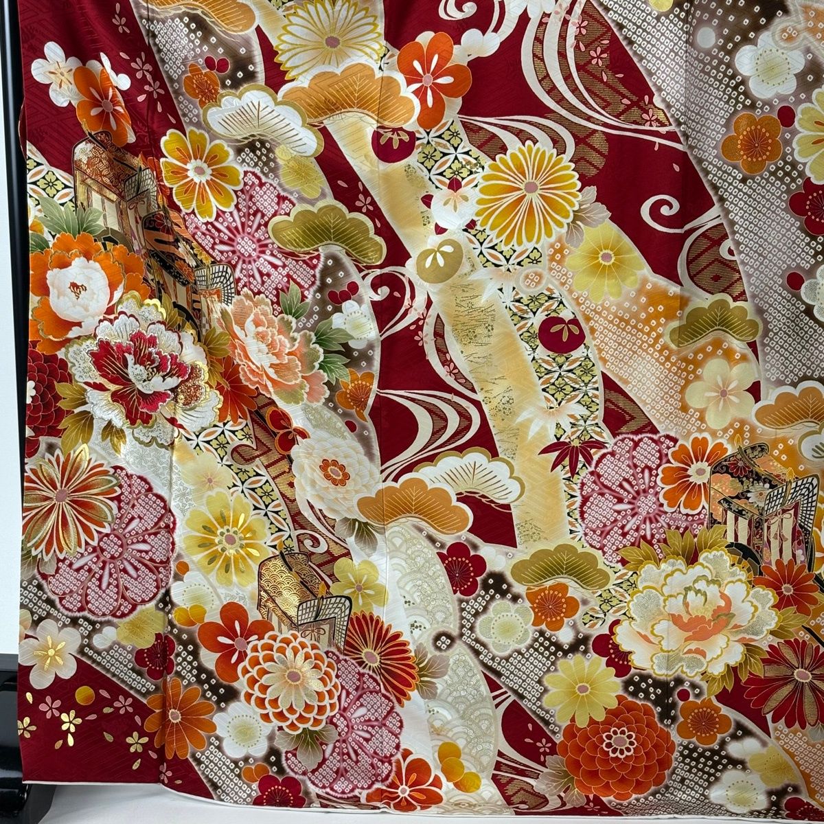 美品】 振袖 身丈172.5cm 裄丈67.5cm L 袷 袋帯フルセット 御所車 草花