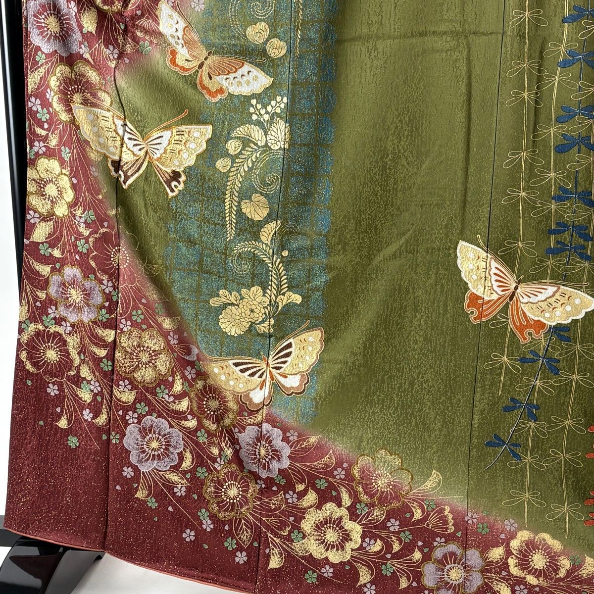 振袖 身丈164.5 cm 裄丈66.5 M 袷 袋帯フルセット 蝶 桜 金糸 金彩 よもぎ色 正絹 秀品