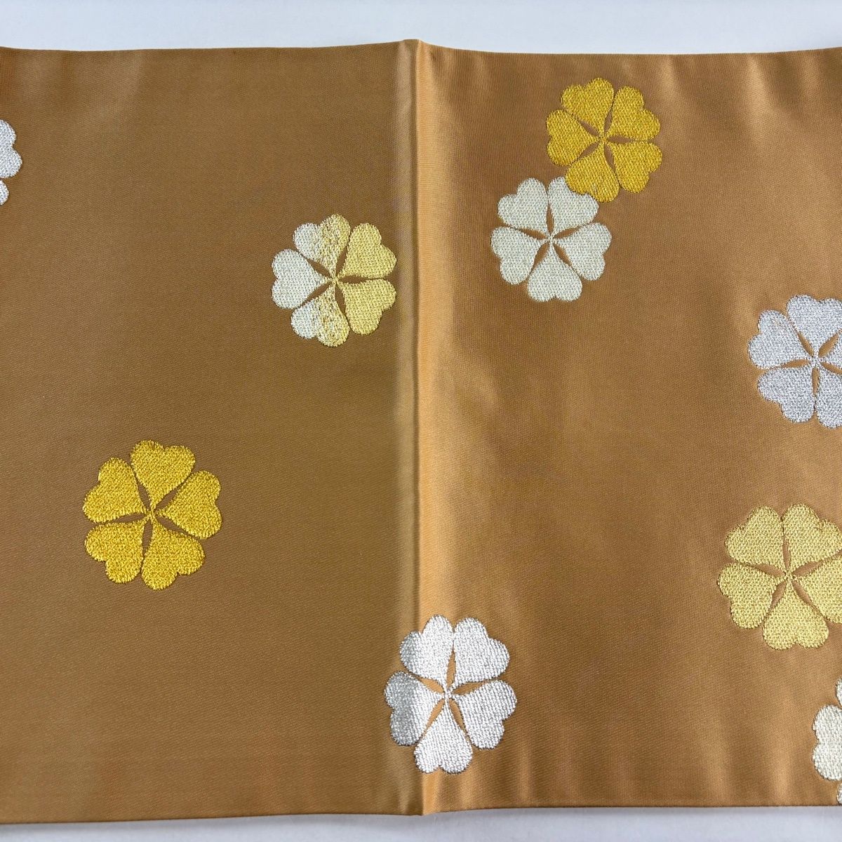 袋帯 逸品 龍村美術織物 落款 花 金銀糸 薄茶色 全通 正絹 【中古 