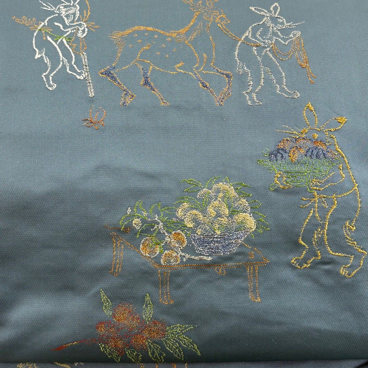 袋帯 逸品 龍村平蔵 落款 とばえまき錦 本袋 鳥獣戯画 うさぎ 金銀糸