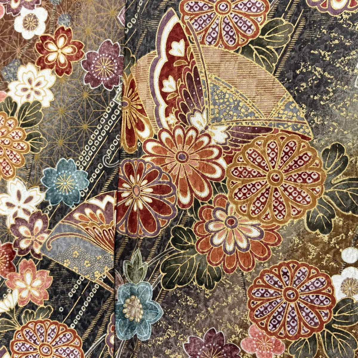  振袖 身丈161 5 cm 裄丈69 L 袷 草花 蝶 金彩 ぼかし 茶色 正絹 秀品 振袖 着物
