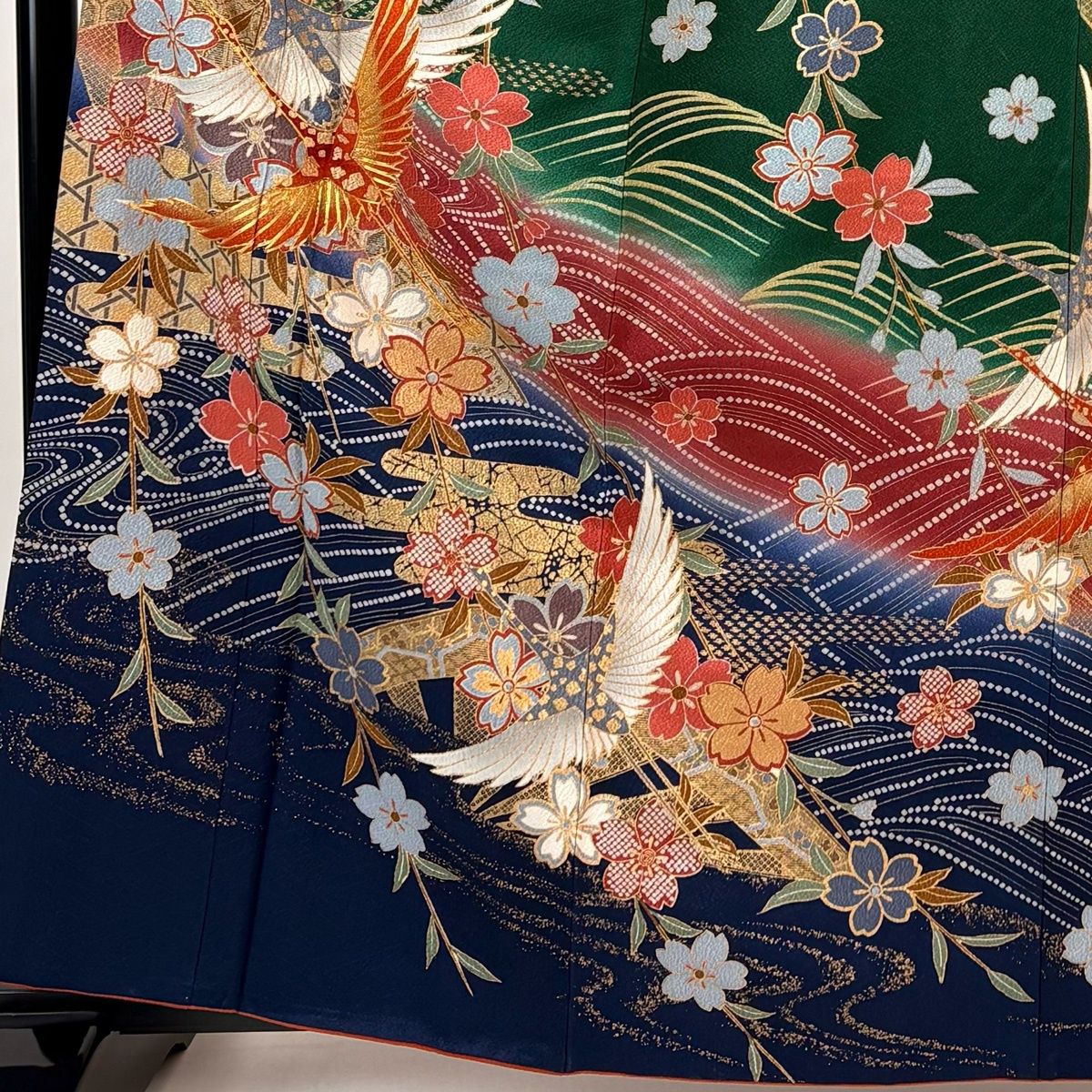 振袖 身丈161.5 cm 裄丈61 S 袷 鶴 桜 金糸 金彩 緑 正絹 秀品