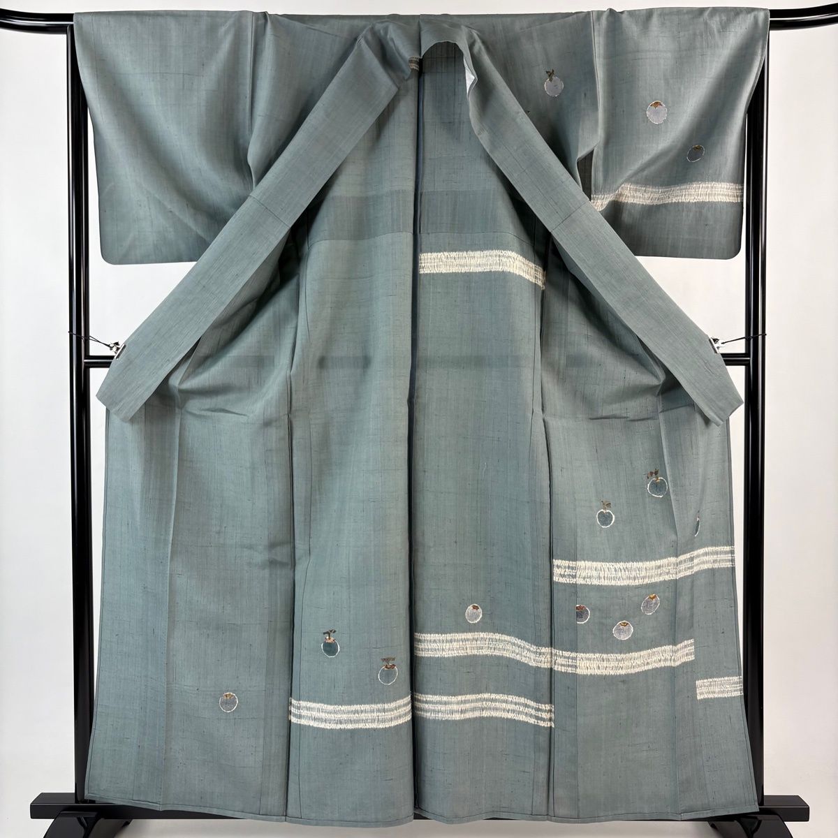付下げ 身丈162cm 裄丈66cm M 単衣 紬地 生り物 横段 絞り 薄青緑 正絹