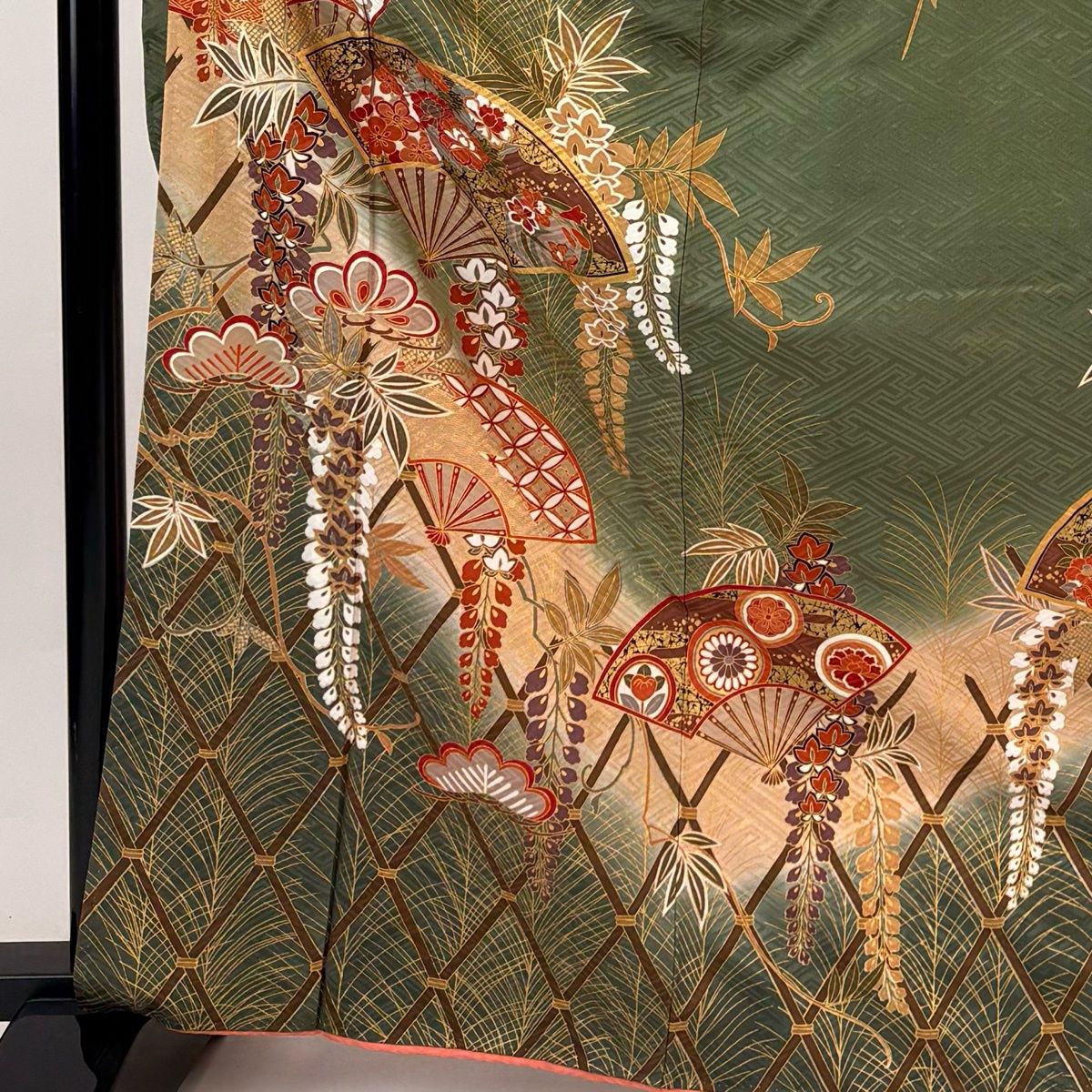 振袖 身丈167 cm 裄丈65 M 袷 扇 草花 金彩 ぼかし 灰緑 正絹 秀品