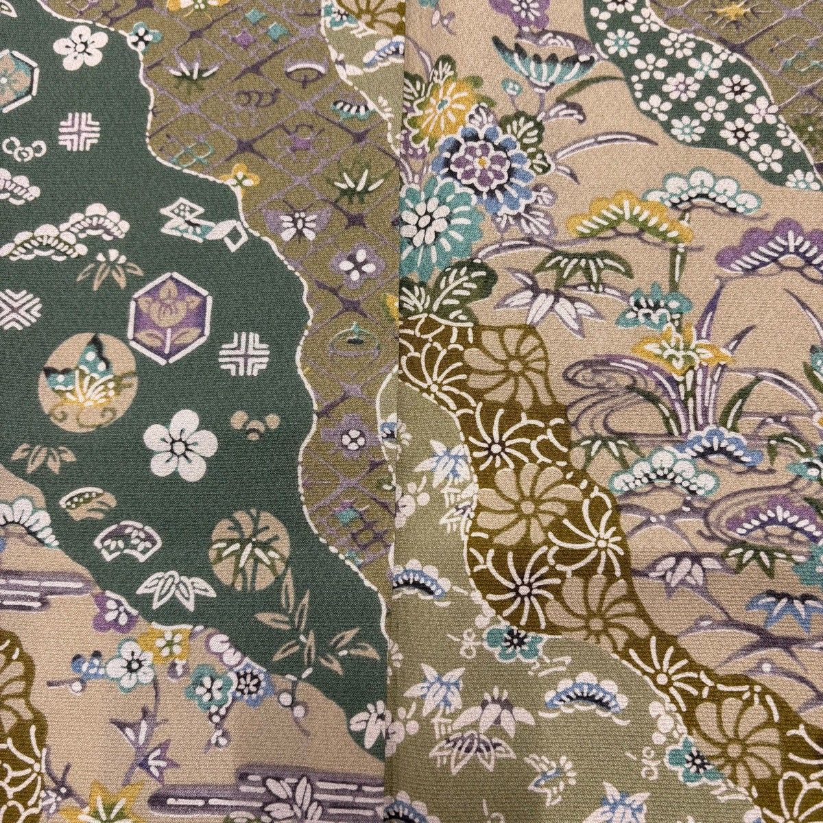  小紋 身丈159 cm 裄丈66 5 M 袷 松竹梅 道長取 灰緑 正絹 秀品 小紋 着物