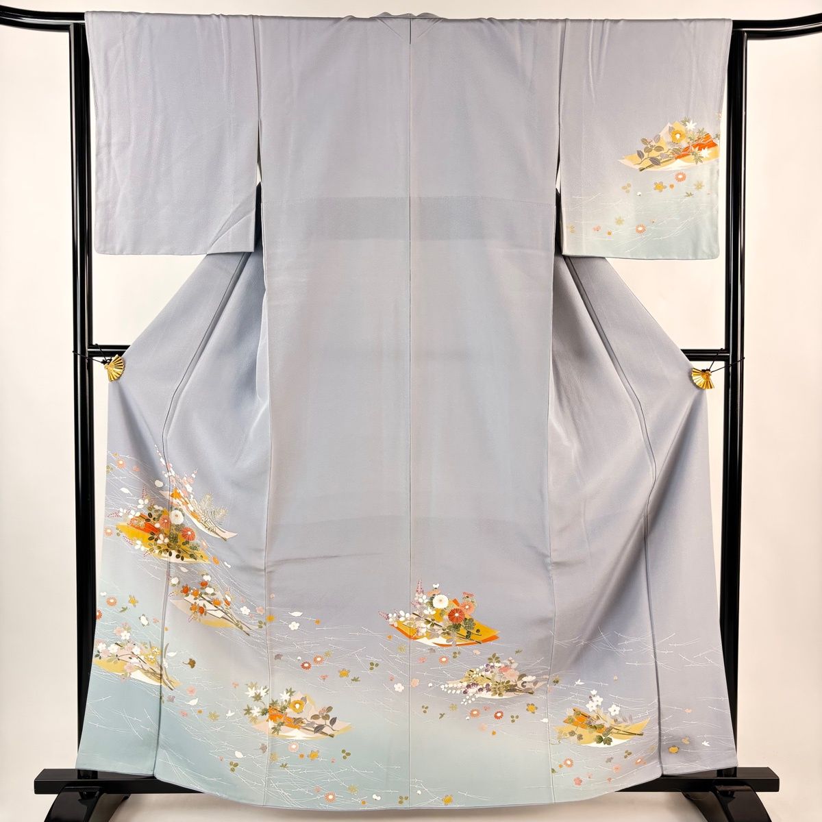 付下げ 身丈161.5cm 裄丈64cm M 袷 扇 菊 染め分け ぼかし 青灰色 正絹