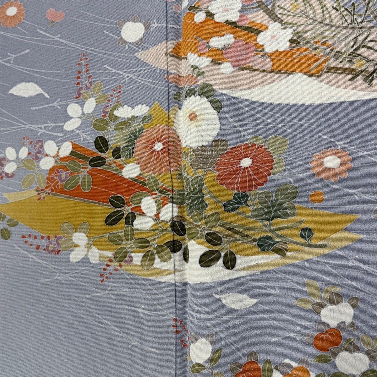 付下げ 身丈161.5cm 裄丈64cm M 袷 扇 菊 染め分け ぼかし 青灰色 正絹