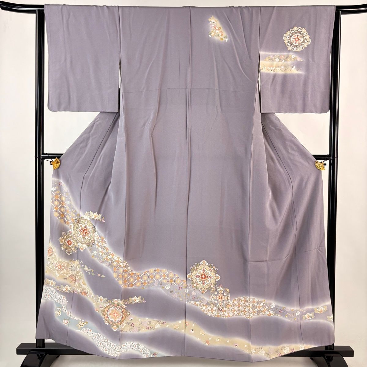 訪問着 身丈159cm 裄丈64cm M 袷 華文 七宝 金糸 金彩 灰紫 正絹 秀品