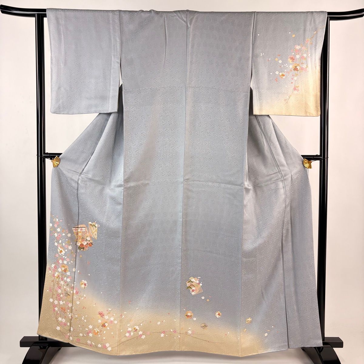 訪問着 身丈161.5cm 裄丈64cm M 袷 几帳 桜 染め分け ぼかし 灰色 正絹
