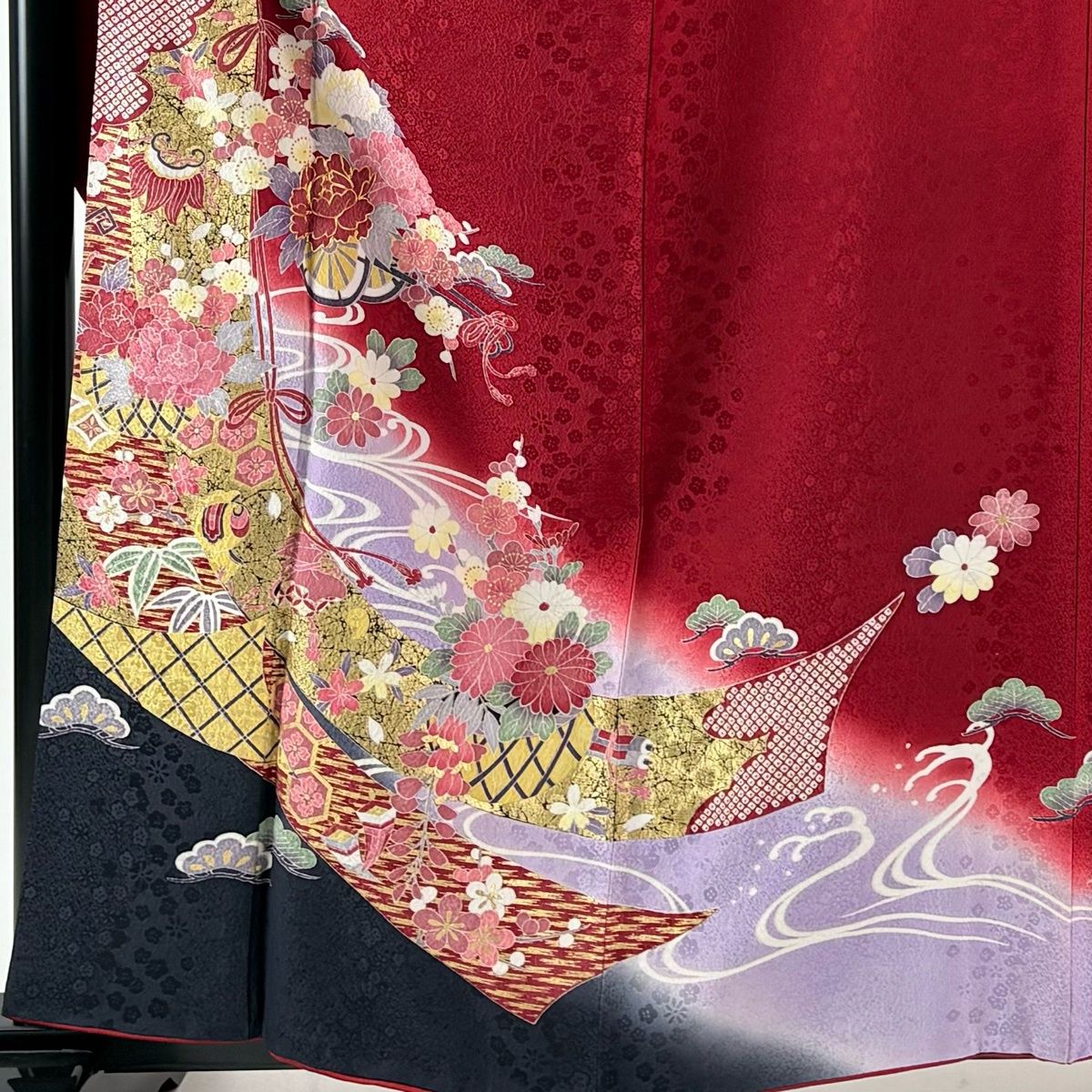 振袖 身丈160 cm 裄丈68 L 袷 花車 几帳 金糸 金彩 赤 正絹 秀品