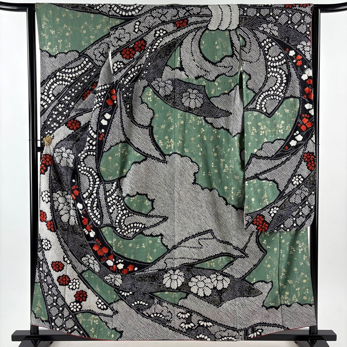 振袖 身丈158 cm 裄丈62 S 袷 枝花 熨斗 絞り 金彩 黒 正絹 秀品