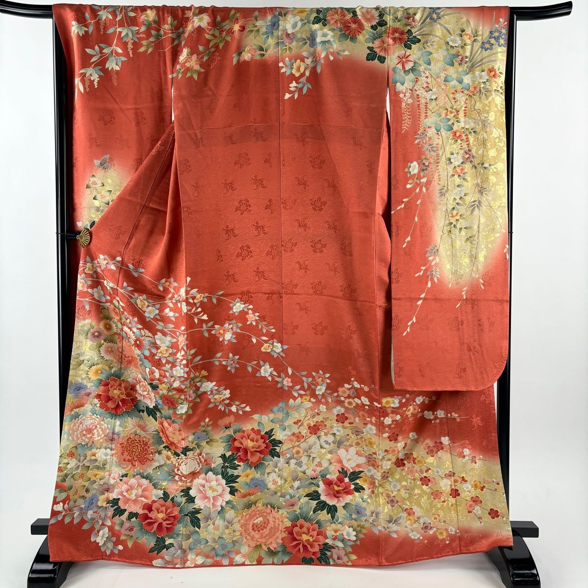 振袖 身丈167cm 裄丈67cm M 袷 牡丹 菊 金糸 金彩 朱色 正絹 秀品