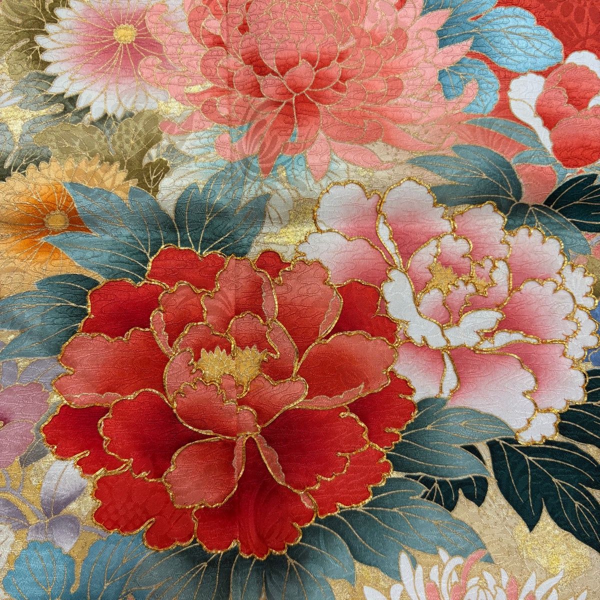 振袖 身丈167cm 裄丈67cm M 袷 牡丹 菊 金糸 金彩 朱色 正絹 秀品