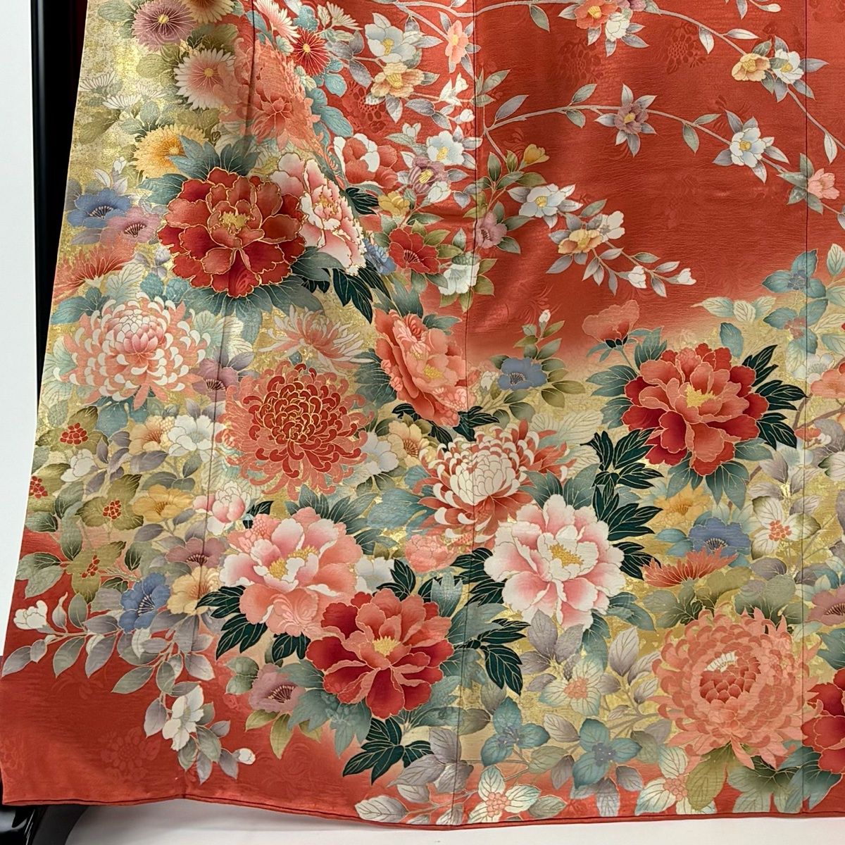 振袖 身丈167 cm 裄丈67 M 袷 牡丹 菊 金糸 金彩 朱色 正絹 秀品
