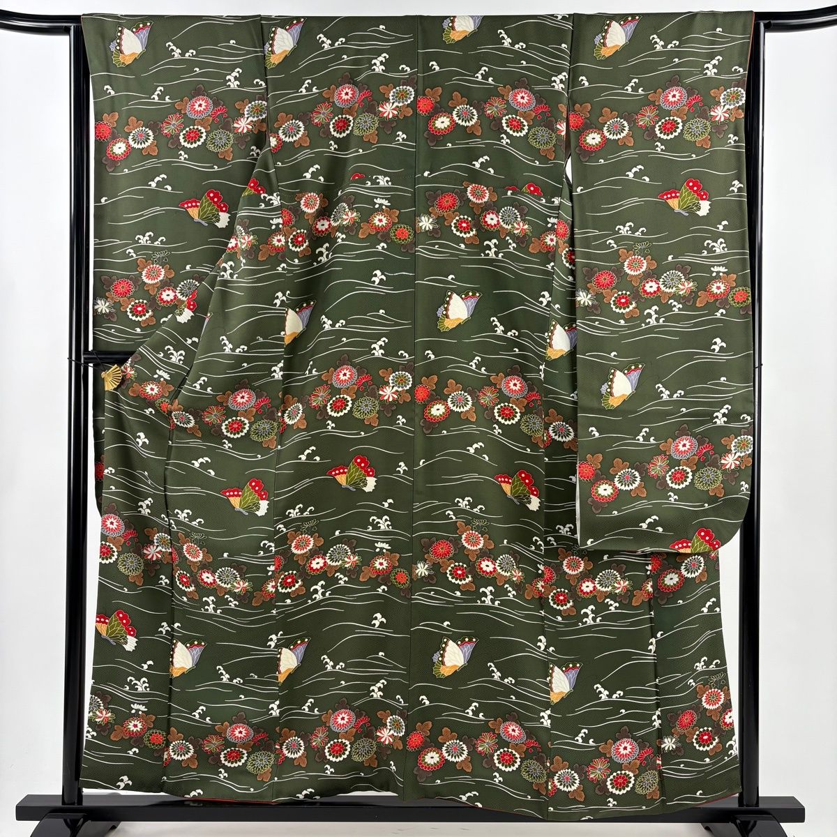 振袖 身丈158cm 裄丈65cm M 袷 蝶 草花 深緑 正絹 秀品 【】