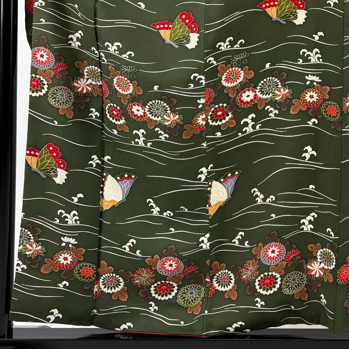 振袖 身丈158 cm 裄丈65 M 袷 蝶 草花 深緑 正絹 秀品