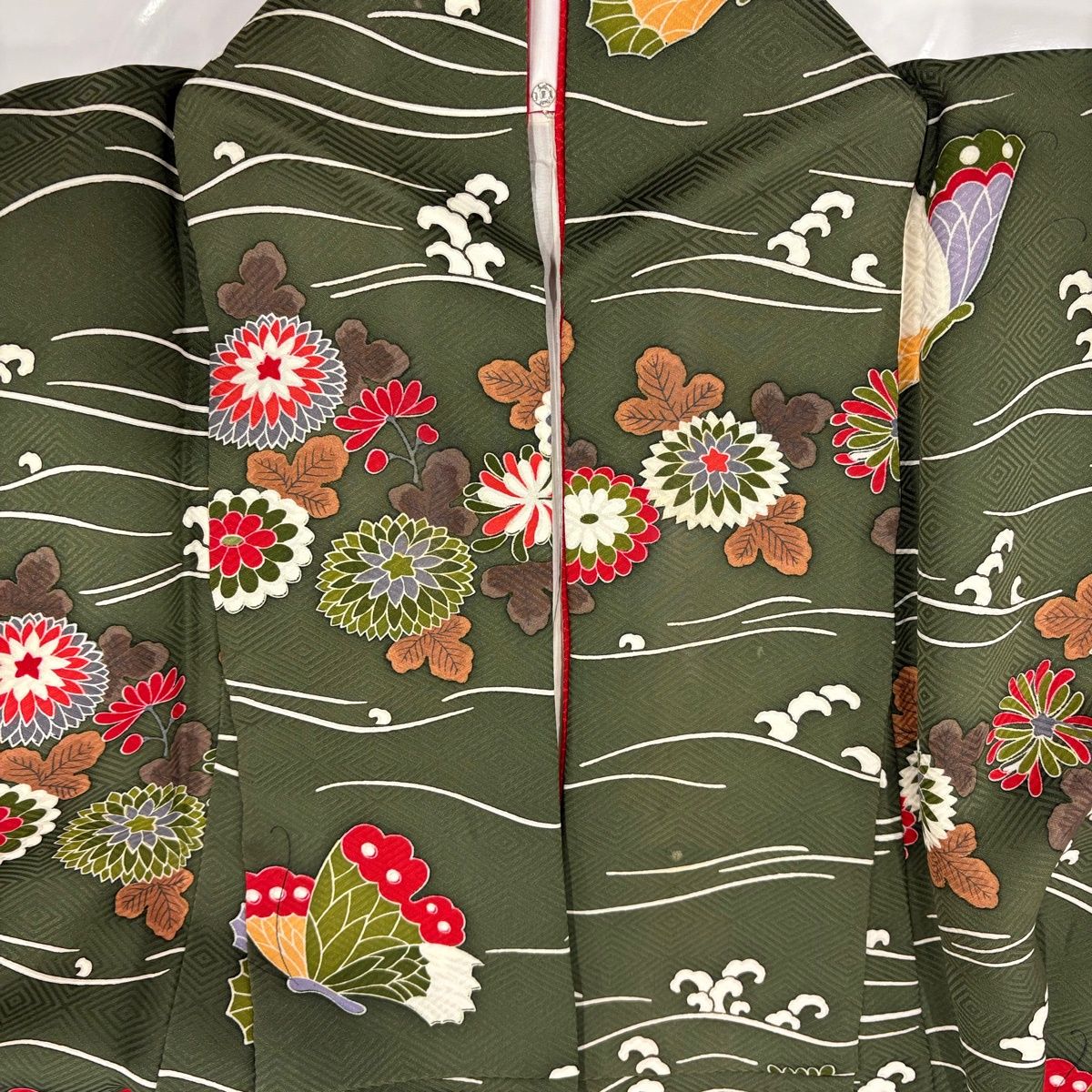 振袖 身丈158cm 裄丈65cm M 袷 蝶 草花 深緑 正絹 秀品 【】