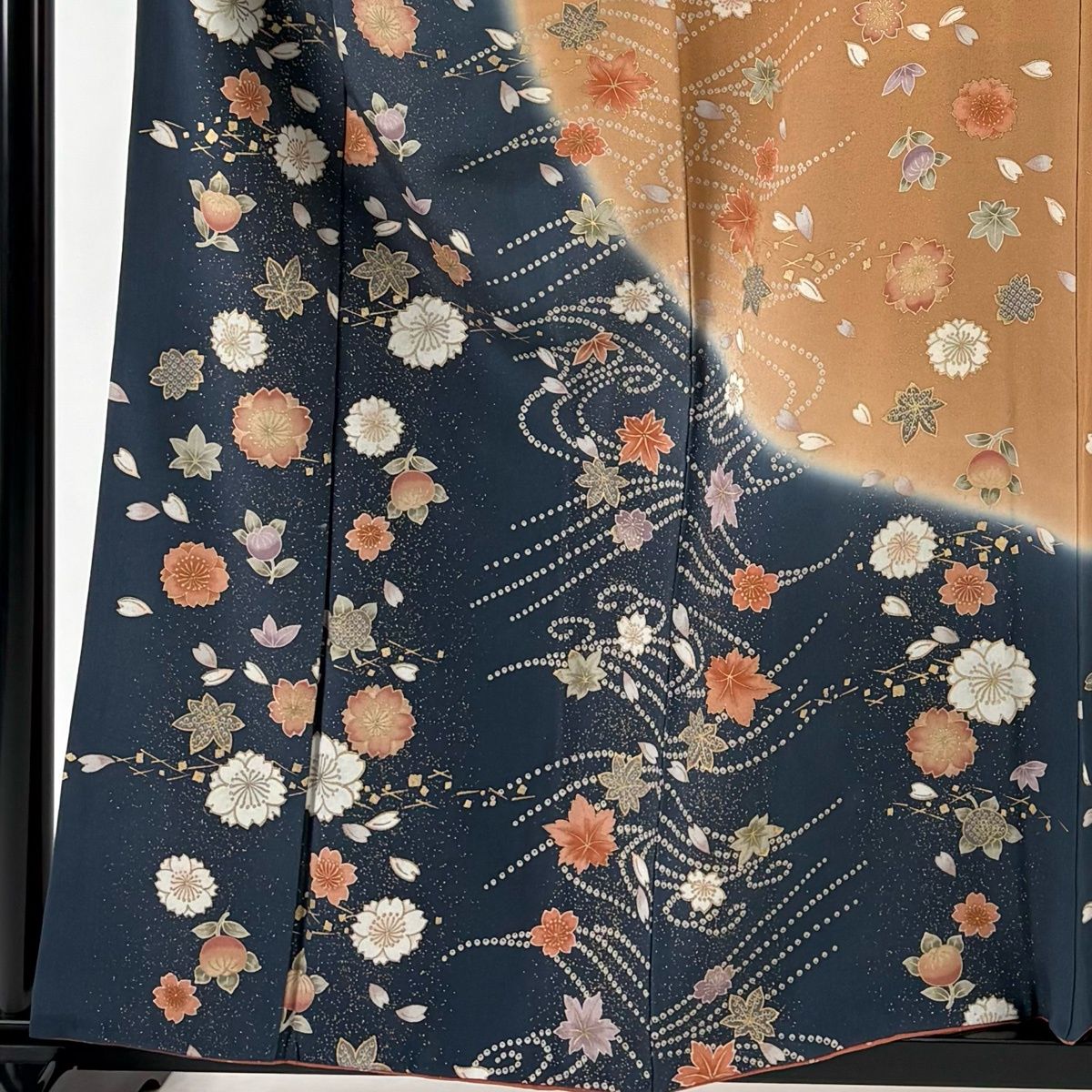訪問着 身丈158cm 裄丈67.5cm L 袷 桜 紅葉 金彩 ぼかし 紺色 正絹