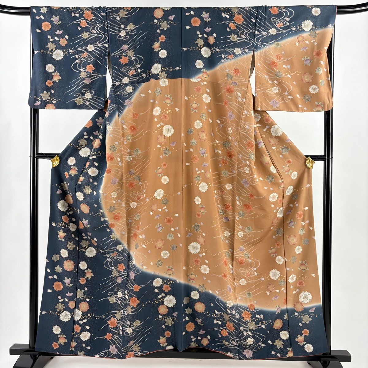 訪問着 身丈158cm 裄丈67.5cm L 袷 桜 紅葉 金彩 ぼかし 紺色 正絹