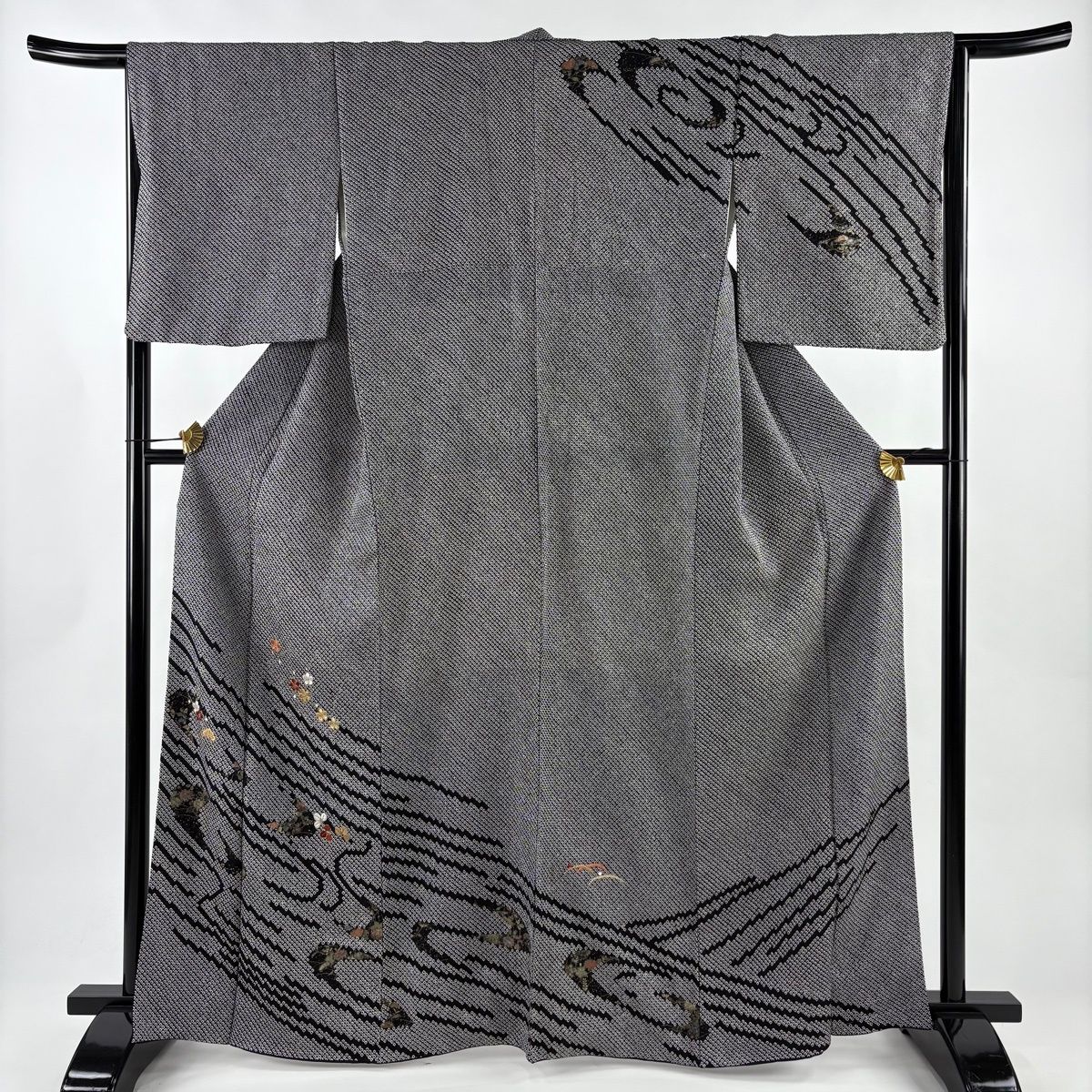 美品】 訪問着 身丈164cm 裄丈66cm M 袷 松梅 萩 総絞り 刺繍 黒 正絹