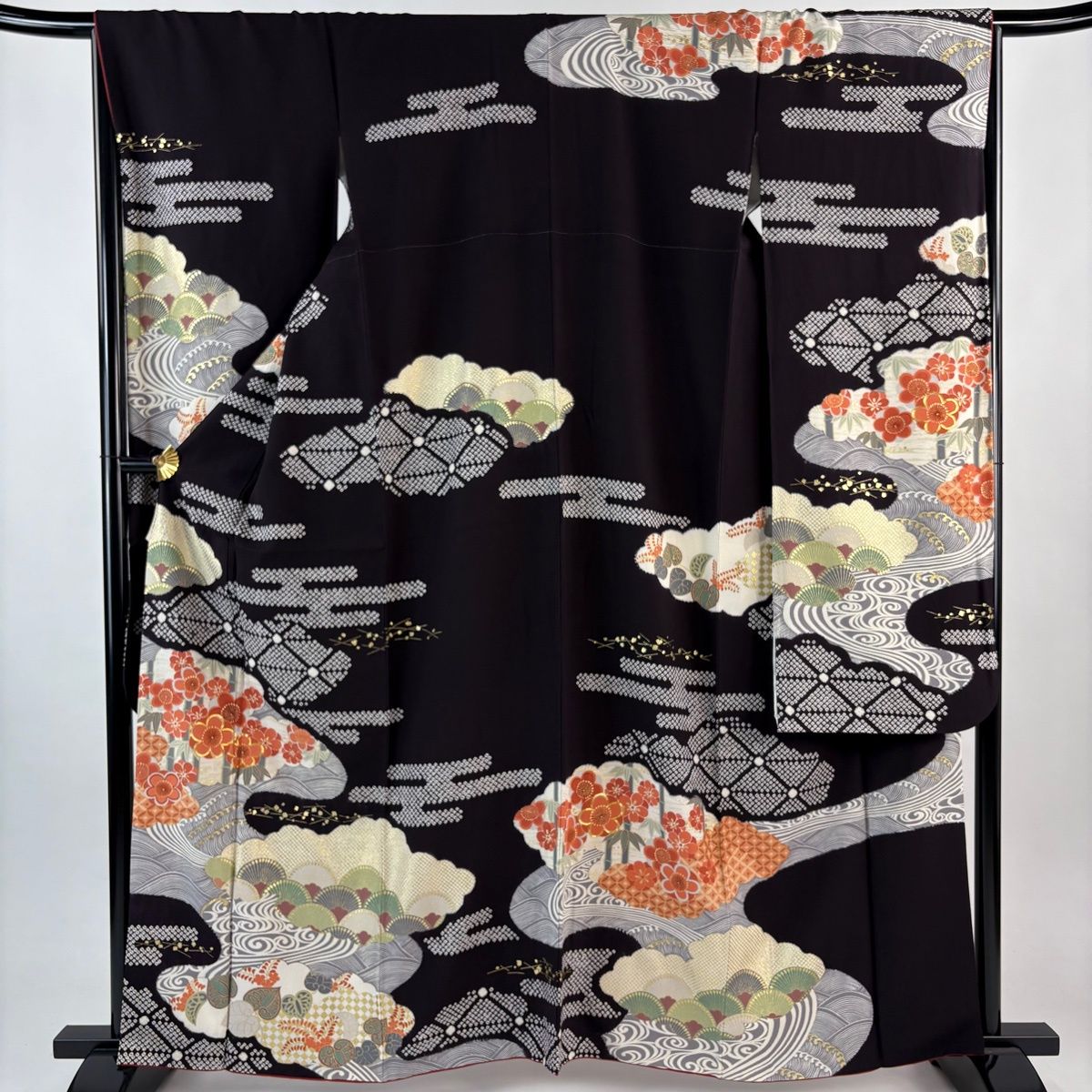 振袖 身丈162 cm 裄丈67 M 袷 松竹梅 ヱ霞 金糸 絞り 濃紫 正絹 秀品