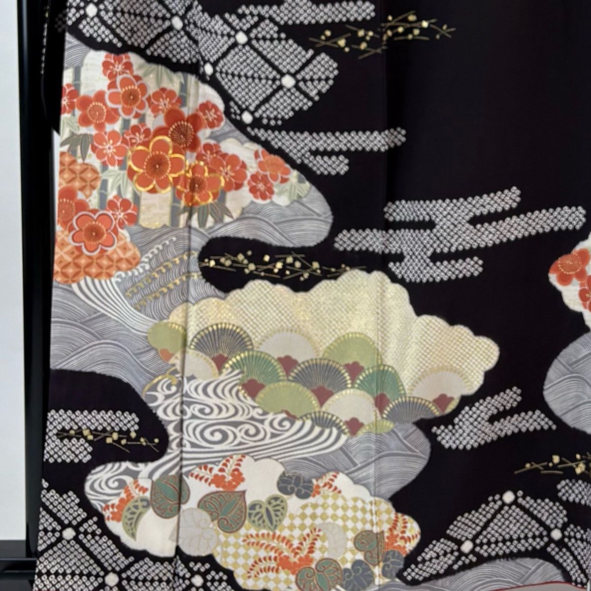 振袖 身丈162 cm 裄丈67 M 袷 松竹梅 ヱ霞 金糸 絞り 濃紫 正絹 秀品