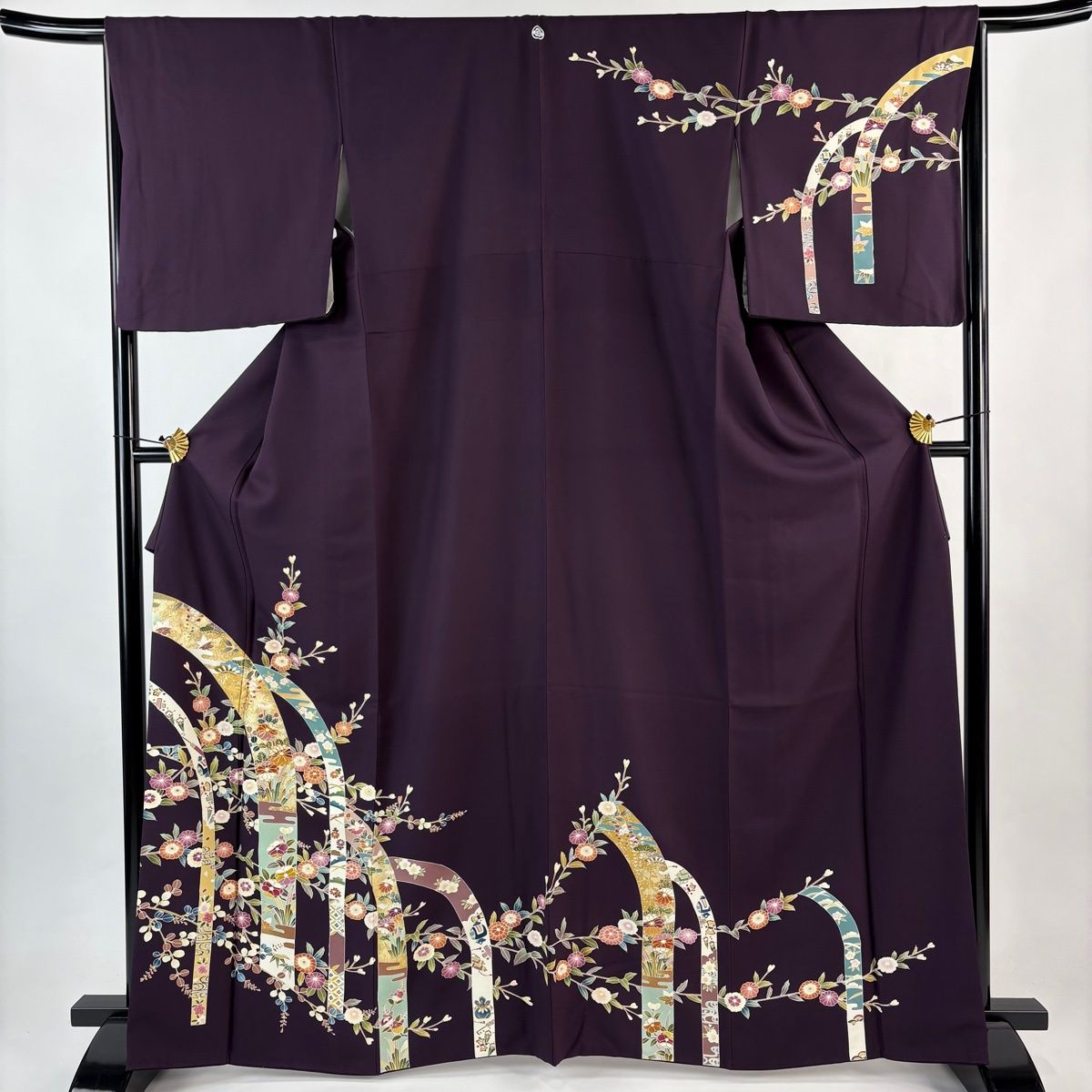 訪問着 身丈165 cm 裄丈66 5 M 袷 菊 ヱ霞 金糸 金彩 濃紫 正絹 秀品 一つ紋