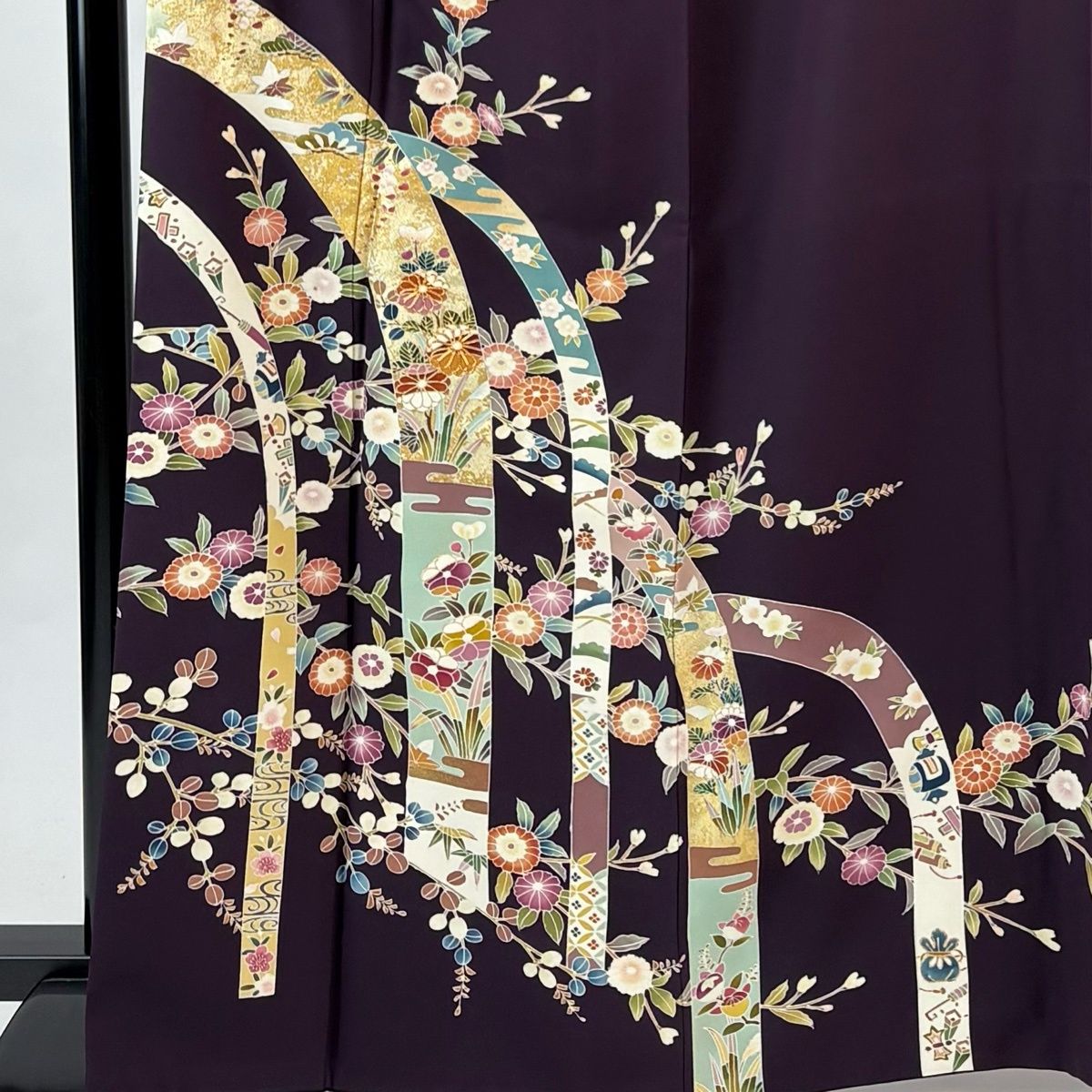 訪問着 身丈165 cm 裄丈66.5 M 袷 菊 ヱ霞 金糸 金彩 濃紫 正絹 秀品 一つ紋