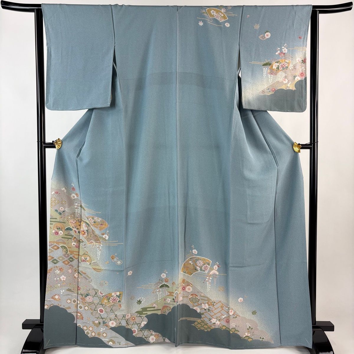 訪問着 身丈167 5 cm 裄丈63 S 袷 扇面 草花 金糸 金彩 青灰色 正絹 秀品