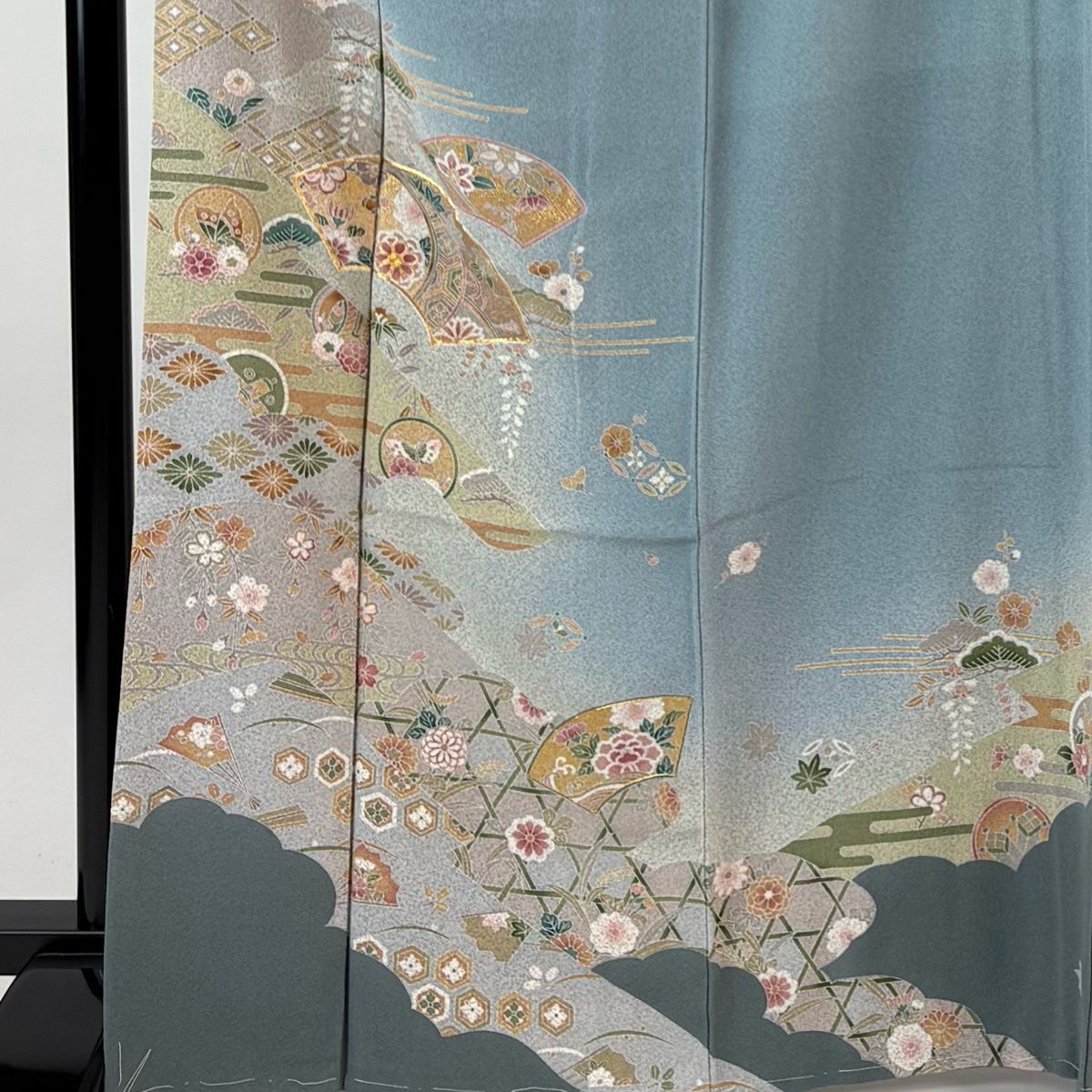 訪問着 身丈167.5 cm 裄丈63.5 S 袷 扇面 草花 金糸 金彩 青灰色 正絹 秀品