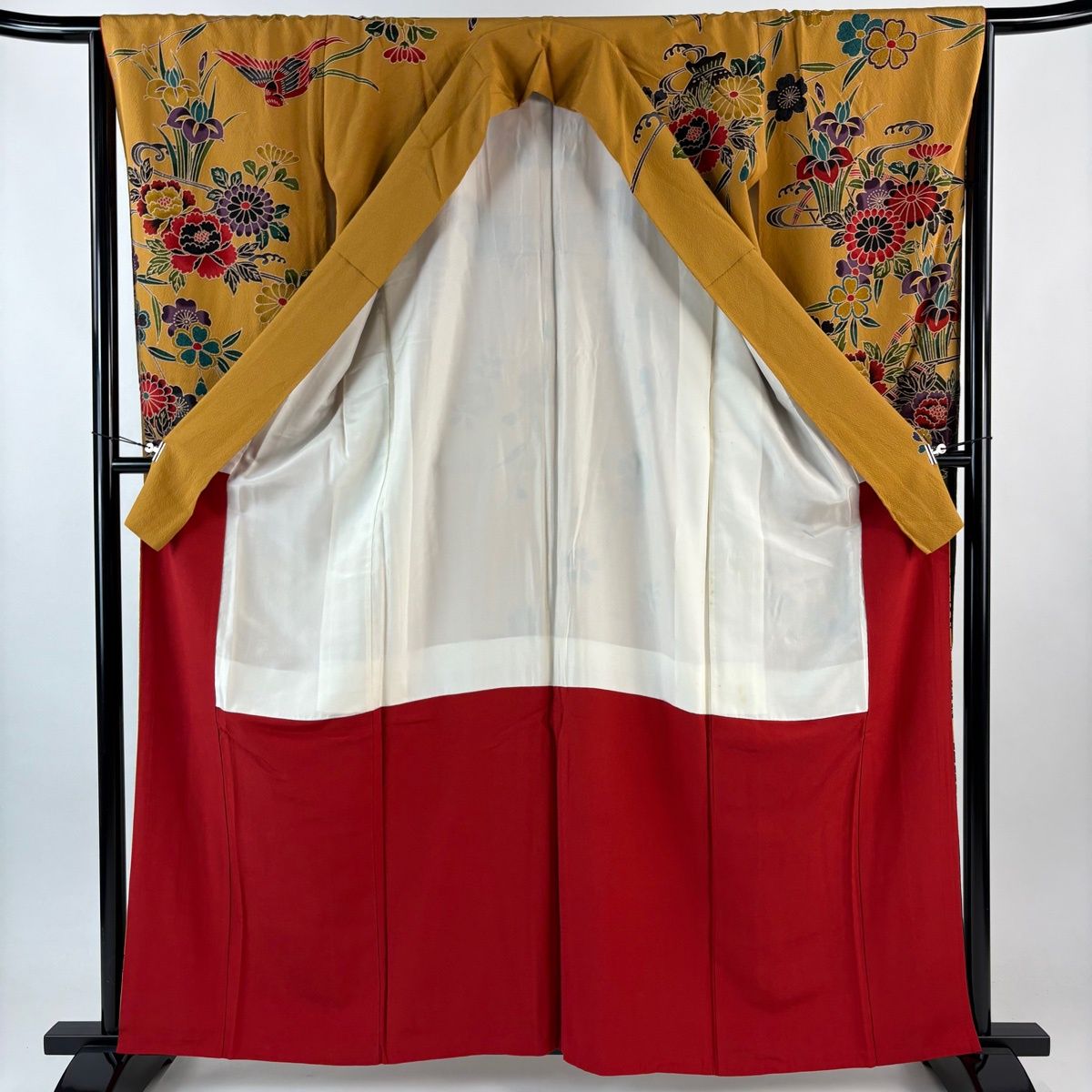 振袖 身丈159.5cm 裄丈66.5cm M 袷 牡丹 鳥 染め分け ぼかし 山吹茶色