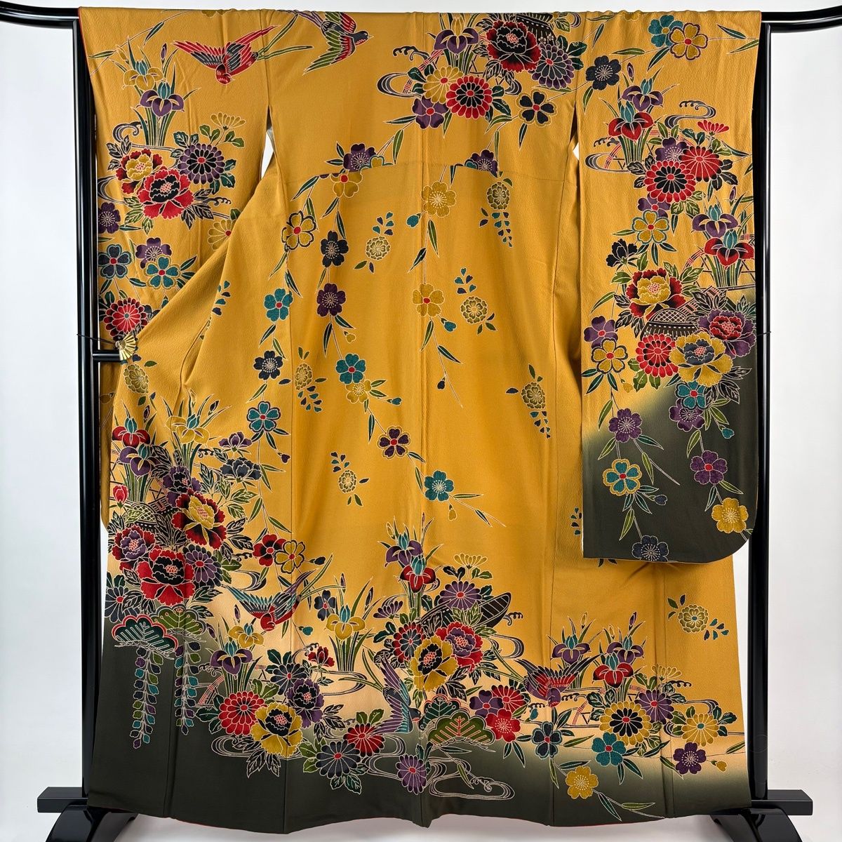 振袖 身丈159.5cm 裄丈66.5cm M 袷 牡丹 鳥 染め分け ぼかし 山吹茶色