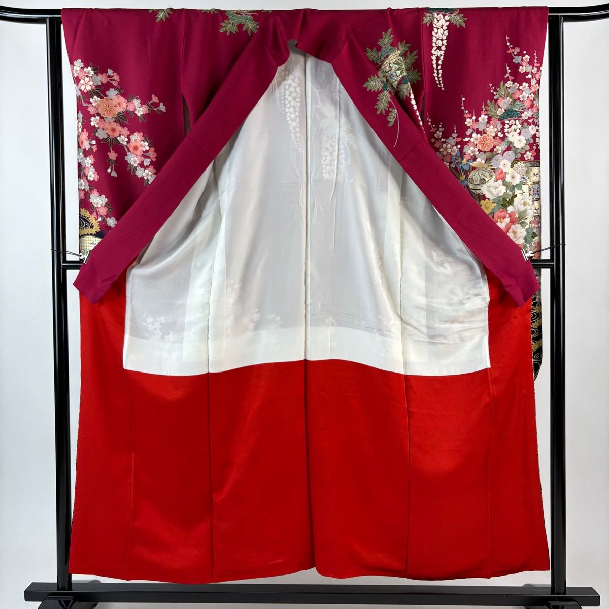  振袖 身丈155 5 cm 裄丈62 S 袷 花車 松竹梅 金糸 金彩 赤紫 正絹 秀品 振袖 着物